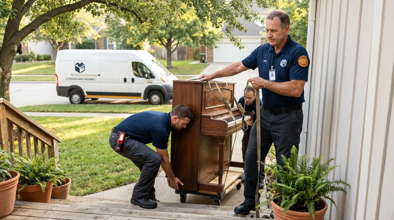 Licensed piano movers securing grand piano in Coudersport, PA