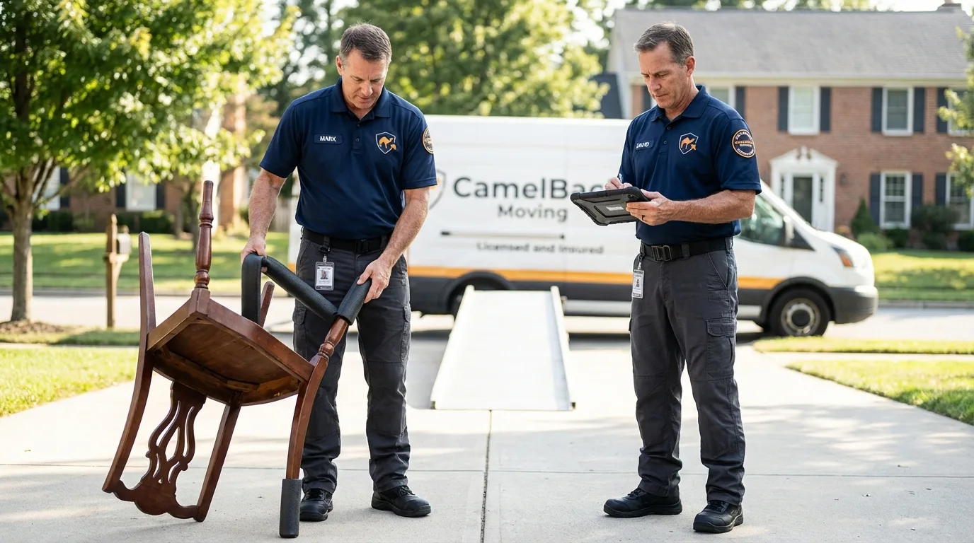 Movers inspecting furniture for damage prevention before loading in Coudersport, PA
